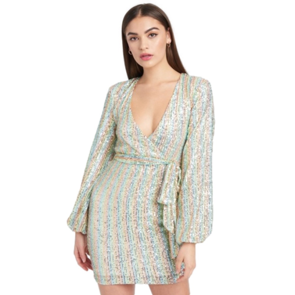 Bebe New Size L Mini Dress Nye Mermaidcore Pride Sequin Tie Front Multi Color